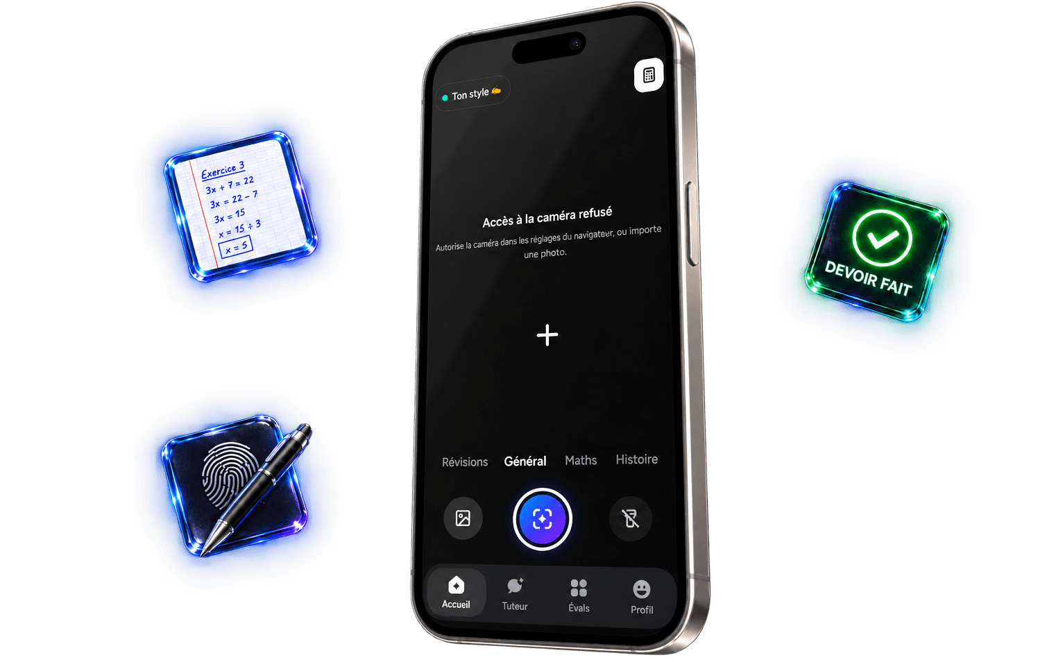 L'app Flexx : l'écran de scan, une copie rédigée et un devoir fait